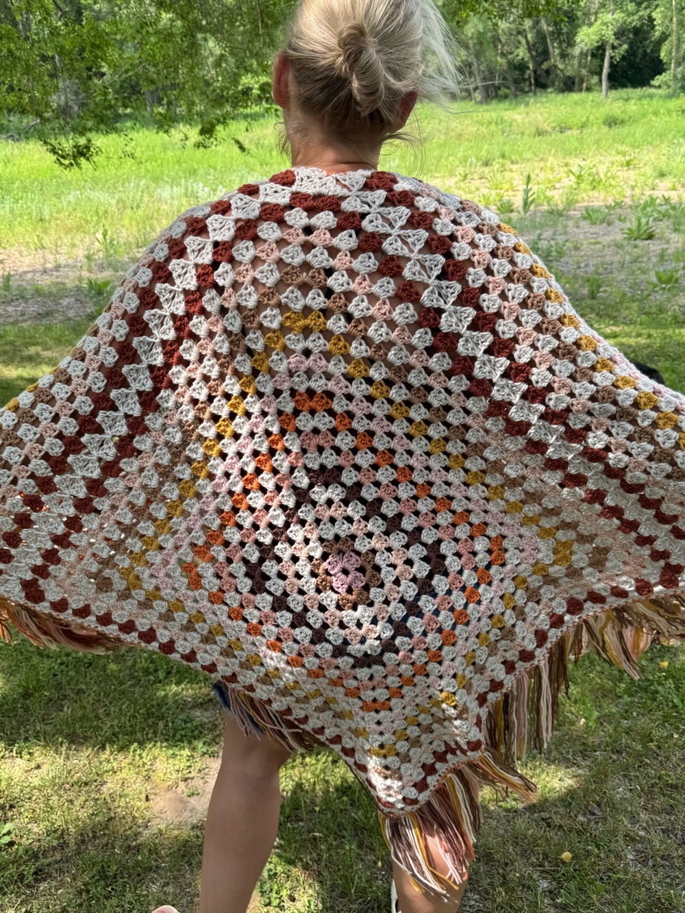 Handmade Crochet Granny Square Shawl in Cream, Rust & Mustard
